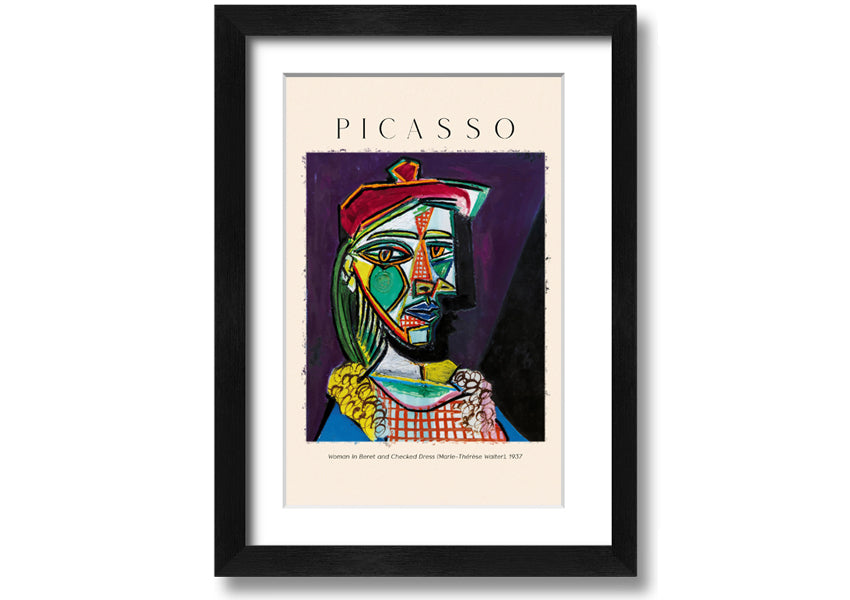 A vibrant reproduction of Picasso's 'Woman In Beret And Checked Dress 1937' printed on canvas, framed and ready to hang.